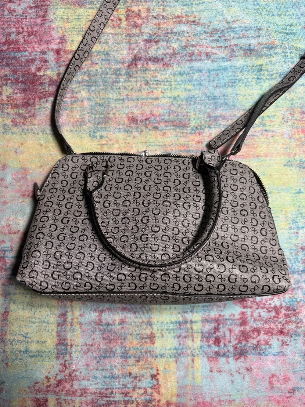 Guess Monogram Satchel in Taupe and Black